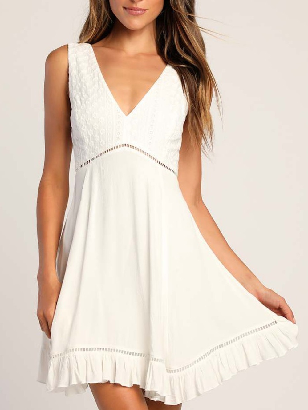 Lulus Endlessly Enticing White Embroidered Babydoll Boho Mini Dress medium